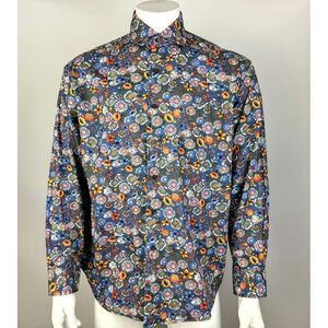 Alan Flusser Long Sleeve Floral Shirt Mens L EUC Cotton Button-up Collared Blue‎